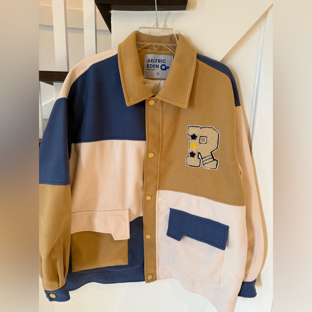 Men's Colorblock Varsity Jacket - Tan & Navy - Picture 5 of 9
